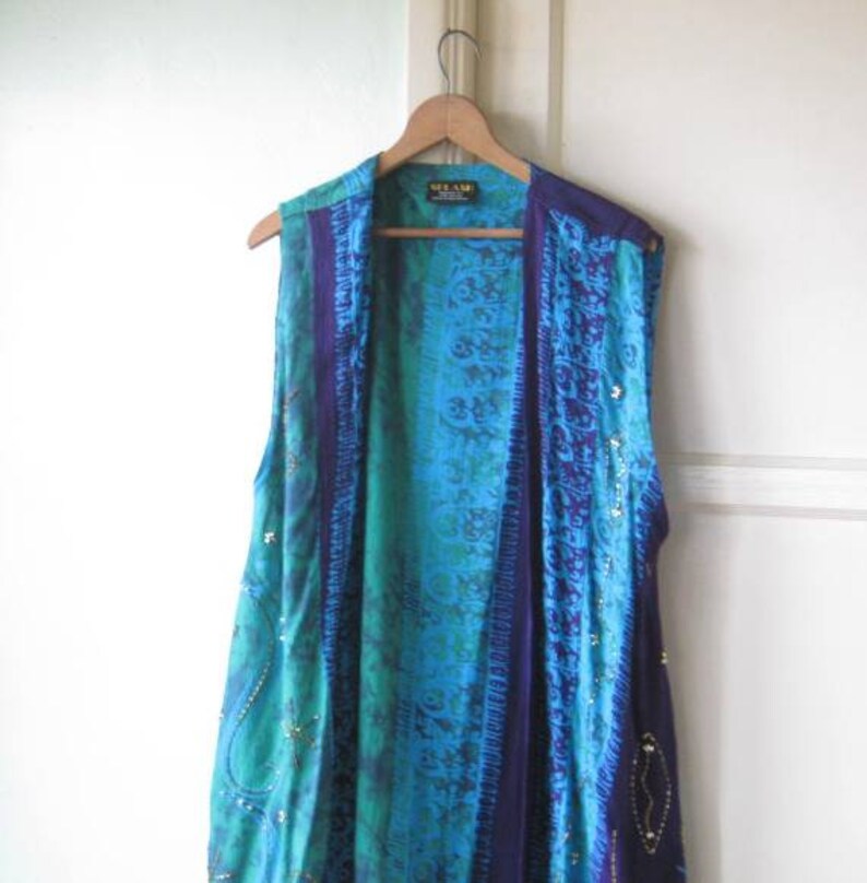 Bead-Embellished GreenTurquoisePurple Batik Print Open Tunic; Women/'s Large BohemianFestivalEvent Wrap