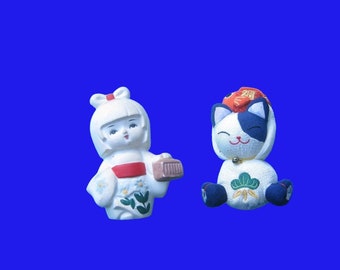 Geisha Girl Statue + Fortune Cat with Koi; '90s Retro Boho Lucky Cat Chirimen Greeting Cat; Japanese Decor