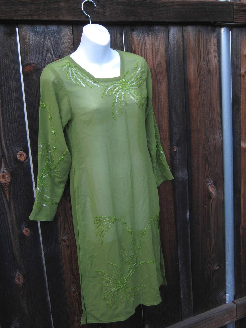 Sequin-Embellished Long Kurta-Style Top w Side Slits; Women/'s XS-Small Sheer Green BohoAsian Maxi Tunic