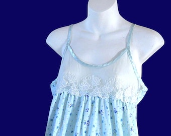 Long Blue Posy Print Nightie; Sheer Bodice w/ Floral Overlay; Sz Medium 'Of The Moment'