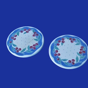 2 Cherry Print Coasters; Round, Cork-Backed Sandstone, by Susan Winget