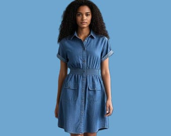 Jolie robe bleu denim vintage faite main avec poches et manches courtes ; Taille 3-4 Taille haute utilitaire