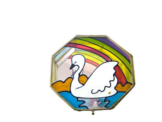 Stained Glass Style Swan & Rainbow on Hexagonal, … - image 1