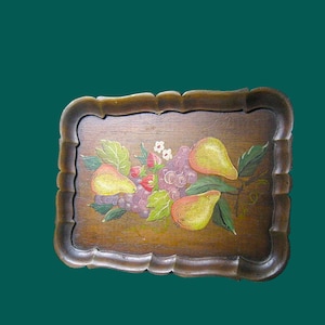 Handpainted Fruit-Decorated Wood Tray; Large, Rectangular Vintage With Pears/Grapes/Strawberries