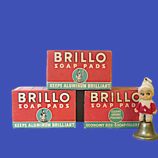 1940s-'50s Brillo Soap Pad Box with Pads; NOS Antique Grandma Red/Green Box Vintage Cleaning Supplies