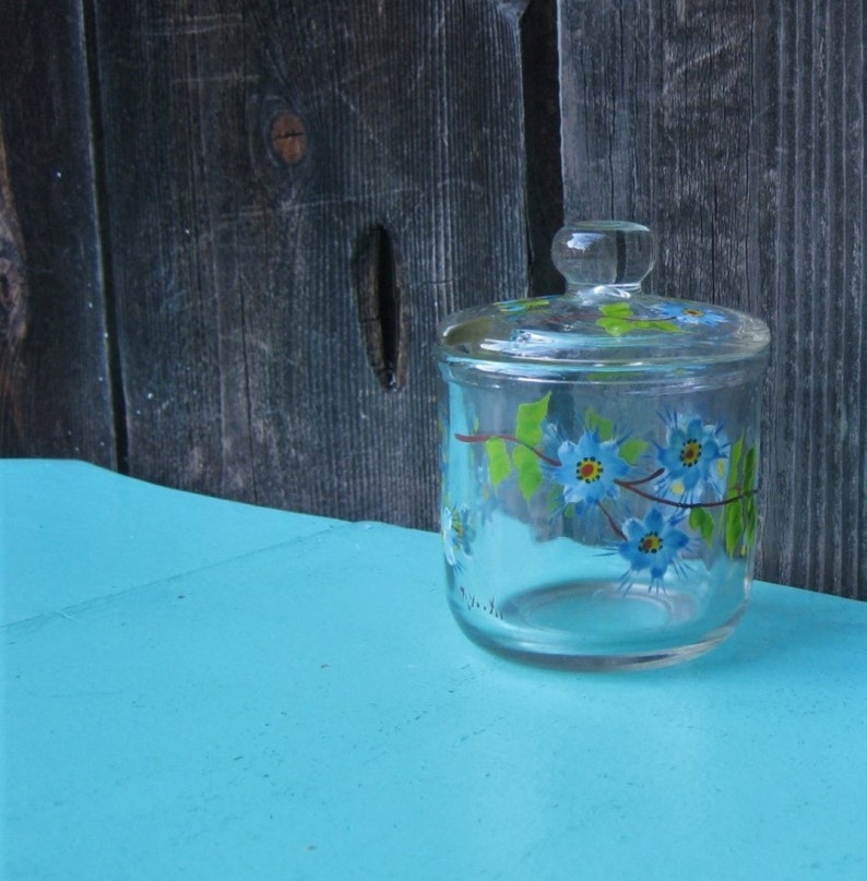 Blue Flower Painted Clear Glass Sugar Bowl With Lid Sweet Etsy