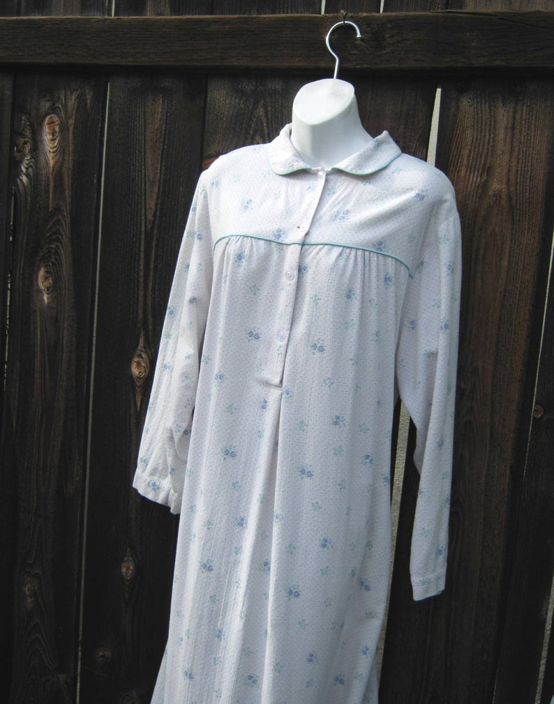 Blue Posy Printed Flannel Nightgown; Petite 14Large; Peter Pan Collar; Calf-Ankle Length; ComfyWorn