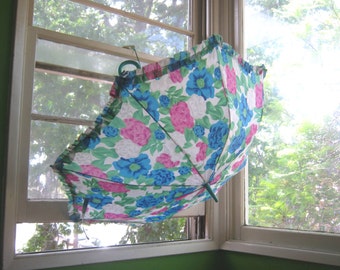 Blue Flower Print Umbrella in Pink/Green/Blue; Feminine Vintage Floral Rain Umbrella w/ Teal Handle; U.S. Shipping Included