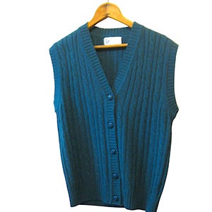 Teal/Forest Green Sweater Vest; Size Large &#39;80s Ribbed, Button Front Tank Sweater