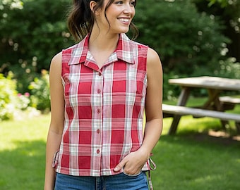 Camisa sin mangas de mezcla de algodón a cuadros rojos con cordón ajustable; Talla pequeña; Estilo granja/picnic