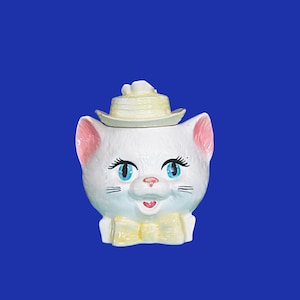 Cat Head Cookie Jar; Kitsch Ceramic with Flower Hat; Flaws; Purrfect Retro Cat Lover Gift