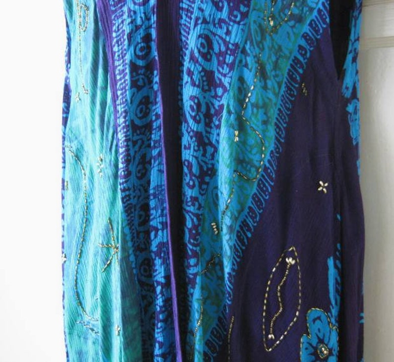 Bead-Embellished GreenTurquoisePurple Batik Print Open Tunic; Women/'s Large BohemianFestivalEvent Wrap