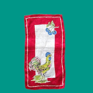 Set of 6 Rooster and Cherry Graphic Children&#39;s/Pocket Hankies; Vintage Cotton Novelty Handkerchiefs
