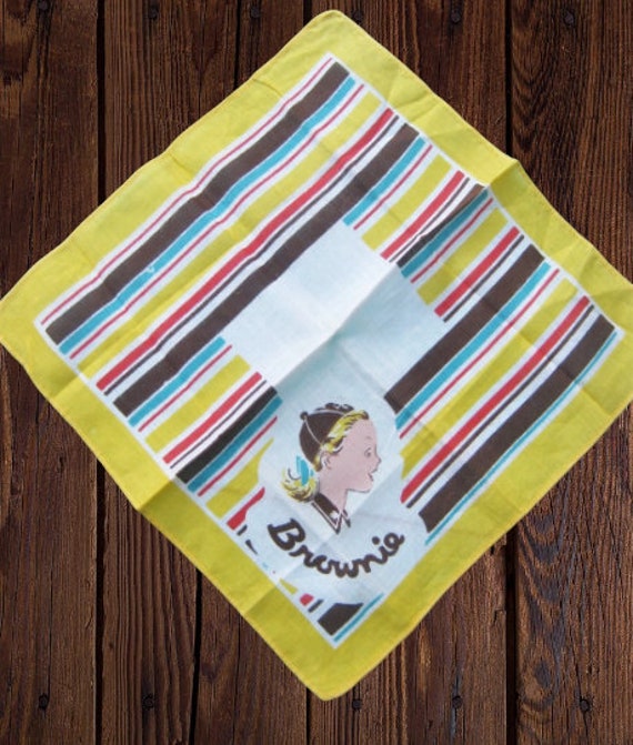 Striped Brownie Scout Hankie; 1950s Yellow/Red/Bl… - image 2