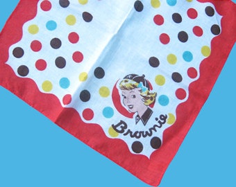 Vintage '50s Brownie Hankie, Red/Turquoise Circus Dot/Polka Dotted Cotton Scout Catalog Hankie; Retro Midcentury Girl Scout Gift