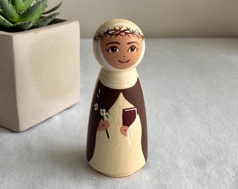 Muñeca de madera de Santa Catalina de Siena, regalo católico, bautismo, primera comunión, confirmación, artículo de colección.
