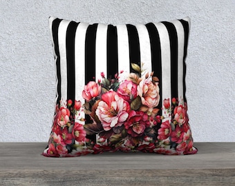 Black and White Striped Floral Pillow Cover French Country Decor Daybed Cushion French Florals Vintage Flowers Vintage Design Throw Pillow