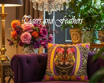 May include: A square throw pillow featuring a central graphic of two tigers wearing crowns with feathers, surrounded by a leopard print border, purple and yellow vertical stripes, and pink floral accents, with the text Tigers and Feathers.