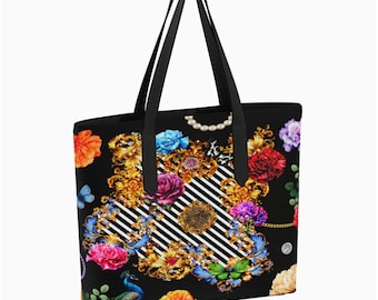 Baroque Floral Vegan Leather Tote Bag | Black Shoulder Handbag | Butterfly Bag | Elegant Everyday Tote | Gift for Her | Striped Tote