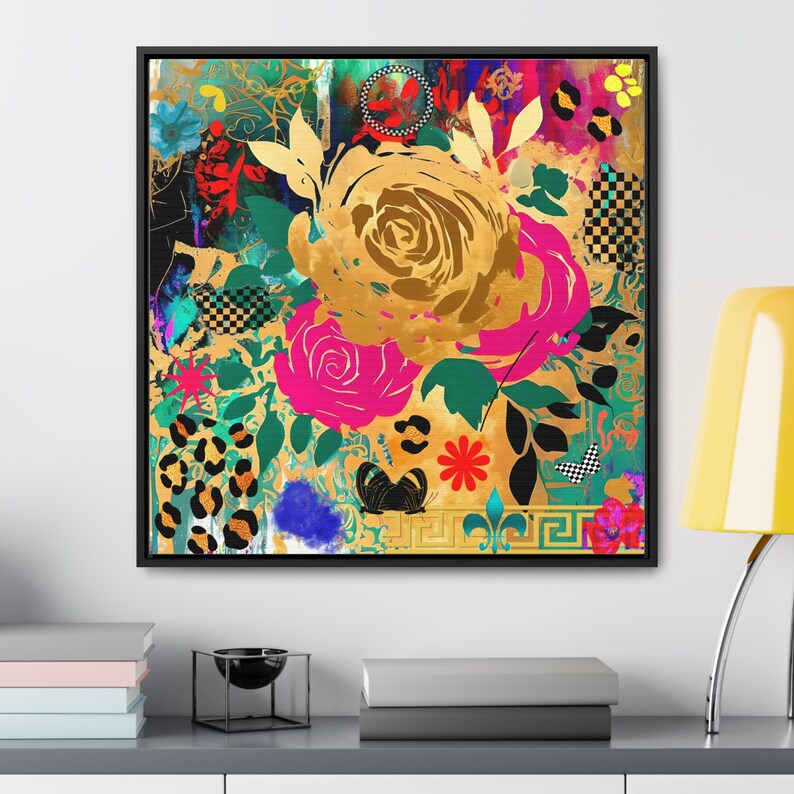 Floral Collage Canvas, Square Frame Wall Art Print Gallery Wrap, Home