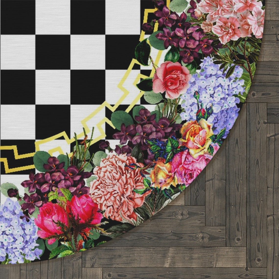Checkerboard Floral Border Round Rug Black and White Etsy Australia