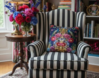Blue Floral Peacock Throw Pillow Cover Funky Home Decor Sofa Pillow Vintage Style Maximalist Decor Quirky Decor High End Daybed Cushion