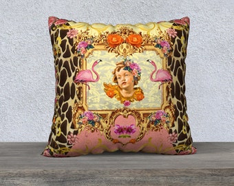 Cherub Pillow Cover Giraffe Print Vintage Flowers Animal Print Accent Cushion Quirky Throw Pillow Maximalist Sofa Cushion Flamingo Cushion