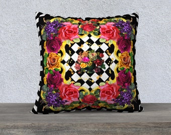 Harlequin Floral Pillow Cover Vintage Style French Country Funky Home Decor Cushion Cover Large Decorative Pillow Pink Roses Eclectic Decor
