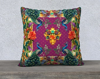 Peacock Pillow Cover Maximalist Decor Vintage Roses Large Floral