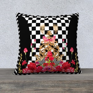 Pink and Red Flowers Check Pillow Cover Gold Accents Maximalist Pillow Daybed Cushion Funky Home Decor Gift for Her French Country Decor