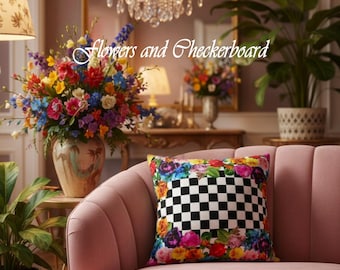 Vintage Flowers Throw Pillow Cover Checkerboard Vintage Style Sofa Pillow Funky Home Decor Quirky Decor Accent Pillow Decorative Pillow