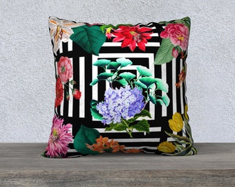 Bold Striped Floral Pillow Cover for Quirky Home Decor - Funky Sofa Pillow with Vintage Flowers Striped Throw Pillow Cover Maximalist Decor
