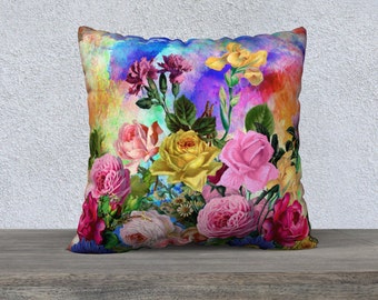 Multicolor Spring Flowers Pillow Cover French Country Decor Floral Accent Spring Floral Pillow Farmhouse Decor Vintage Floral French Floral