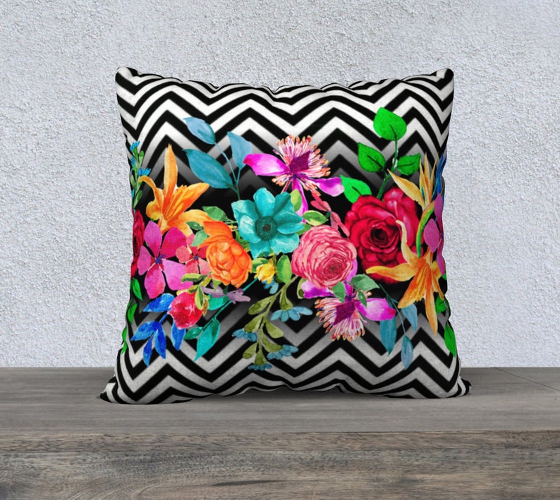 Watercolor Flowers Chevron Pillow Cover Black and White Etsy