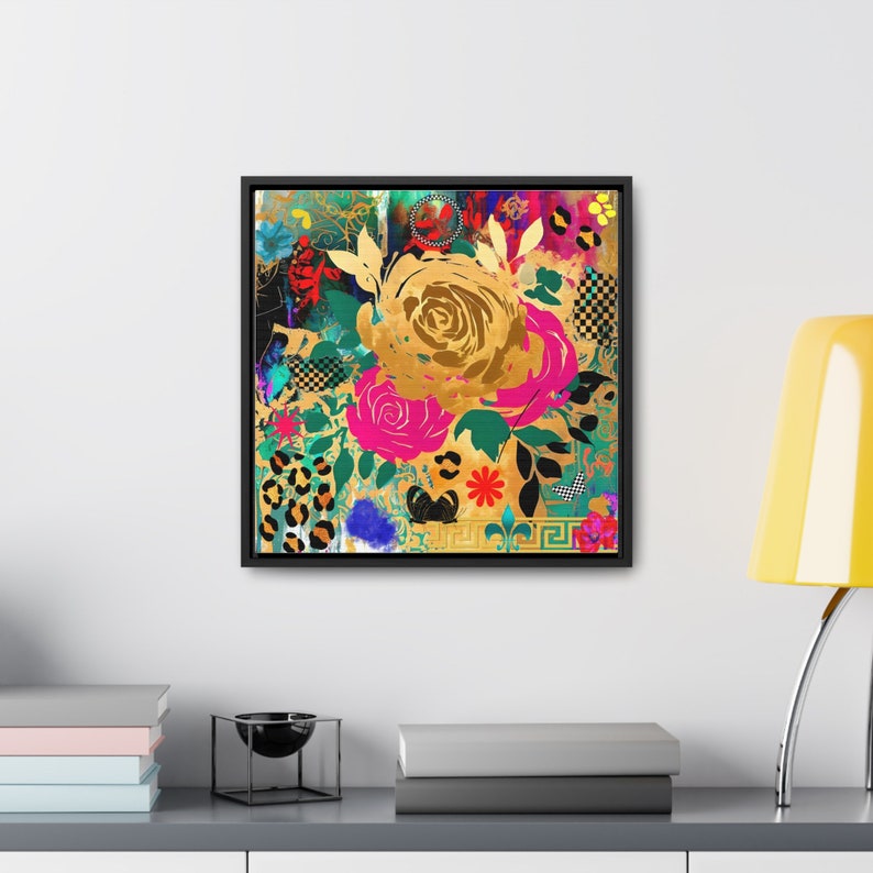 Floral Collage Canvas, Square Frame Wall Art Print Gallery Wrap, Home