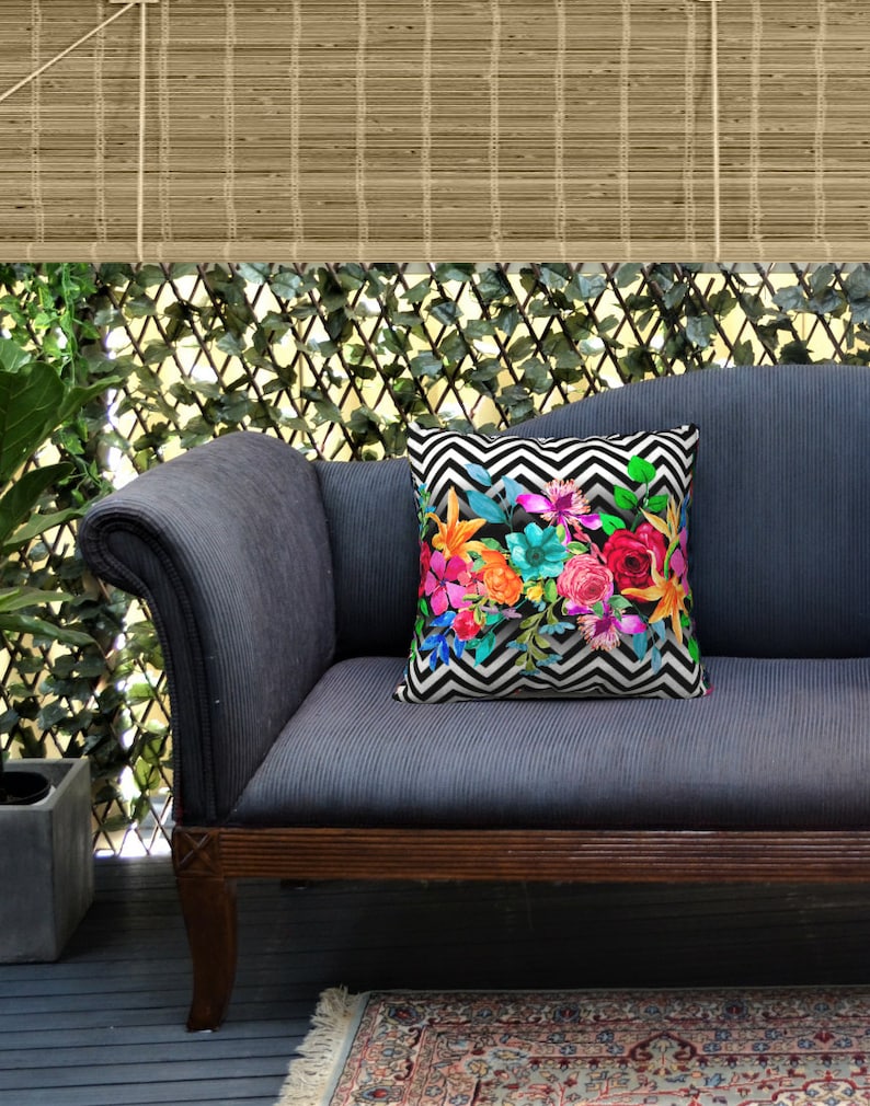 Watercolor Flowers Chevron Pillow Cover Black and White Etsy