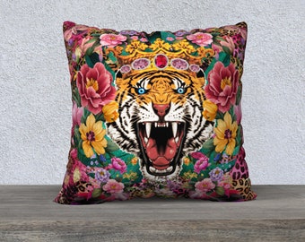 Tiger Floral Leopard Print Pillow Cover, Maximalist Decor, Large Pillow, Funky Home Decor, Vintage Style, Sofa Pillow, Decorative Cushion