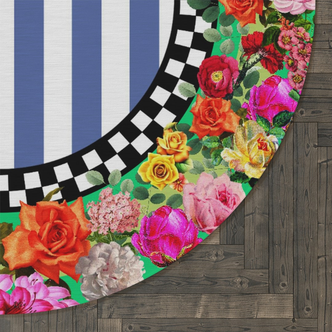 Vibrant Vintage Floral Striped Round Rug Blue and White Etsy