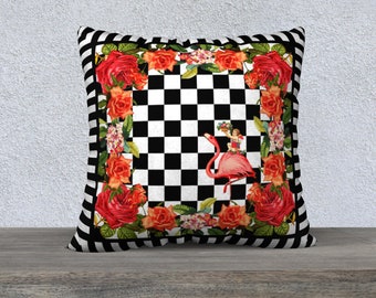 Red Roses Checkerboard Pillow Cover Flamingo Cushion Black and White Pillow Vintage Flowers Cushion Vintage Cherub Striped Accent Pillow