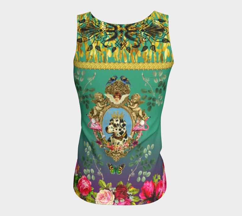 Festival Wear Funky Dalmatian with Flamingos Tank Top Long Fitted Active Wear Cute Dog Top Fitness Top Yoga Top Vintage Flowers
