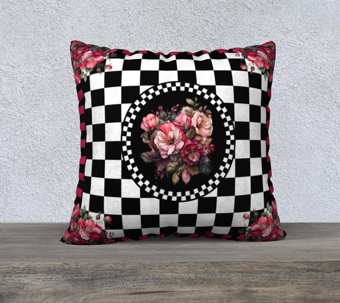 Black and White Check Pillow Cover Vintage Style Cushion Cover Pink and