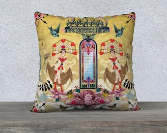 Art Deco Showgirls Pillow Cover Couch Cushion Large Pillow Cover Vintage Birds Decorative Throw Flowers Accent Pillow Upholstery Velveteen