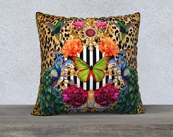 Butterfly Baroque Leopard Throw Pillow Cover Funky Home Decor Sofa Pillow Quirky Cushion Vintage Style Floral Velveteen Home Decor Leaves