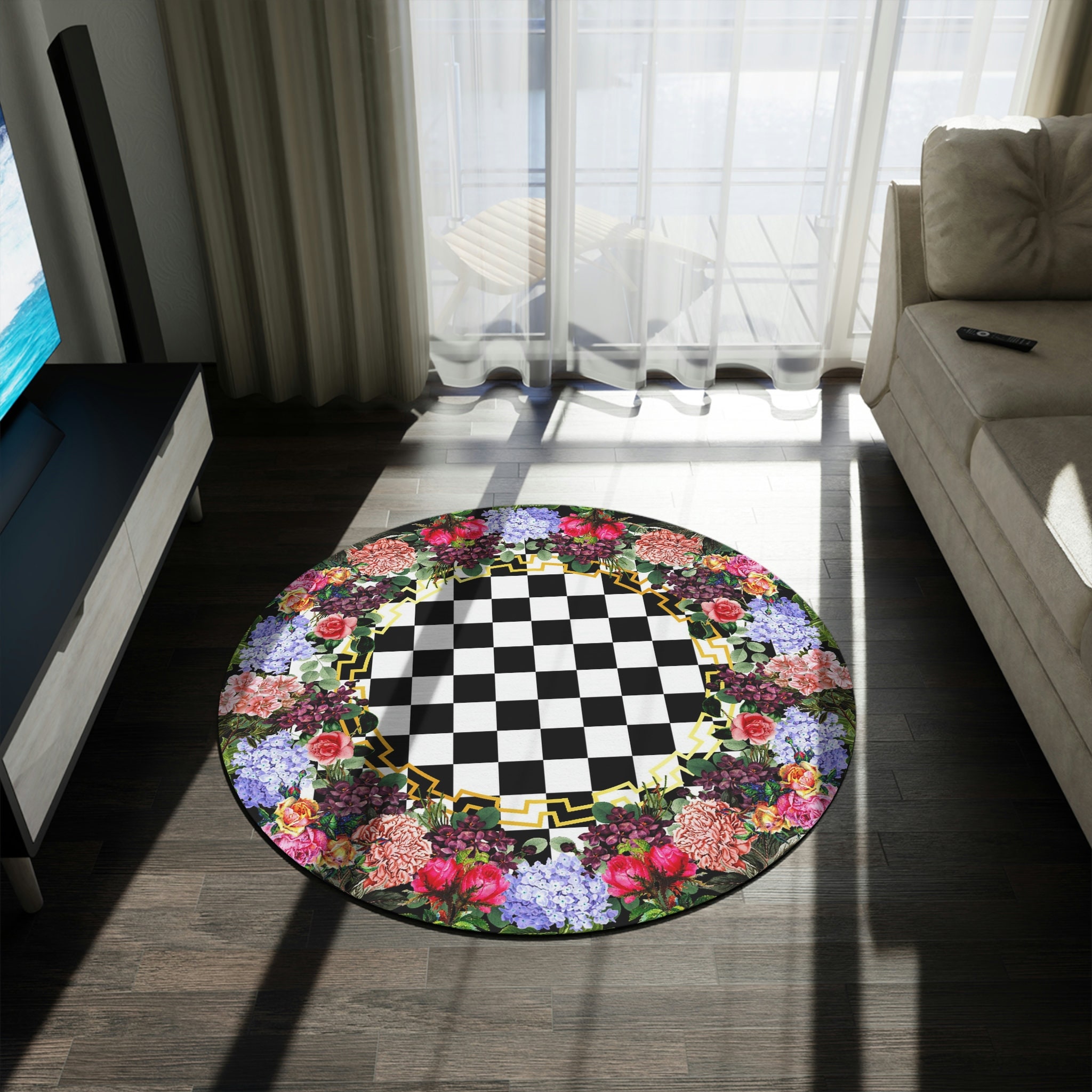 Checkerboard Floral Border Round Rug Black and White Etsy Australia