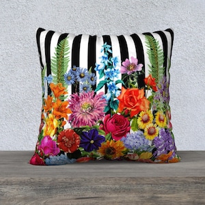 Spring Flowers, Black and White, Stripe Pillow Cover, Throw Pillow, Vintage Flowers, Accent Cushion, High Quality Pillow, Couch Cushion