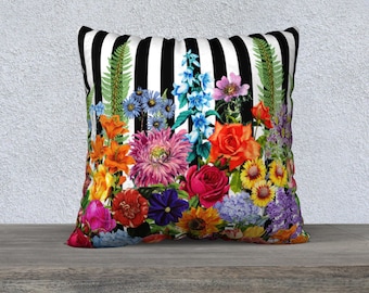 Spring Flowers, Black and White, Stripe Pillow Cover, Throw Pillow, Vintage Flowers, Accent Cushion, High Quality Pillow, Couch Cushion