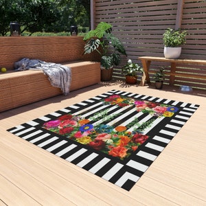 Black and White, Striped Vintage Flowers Outdoor Rug Funky Floral Outdoor Decorative Rug Alfresco Decor Accent Rug Black and White Rug