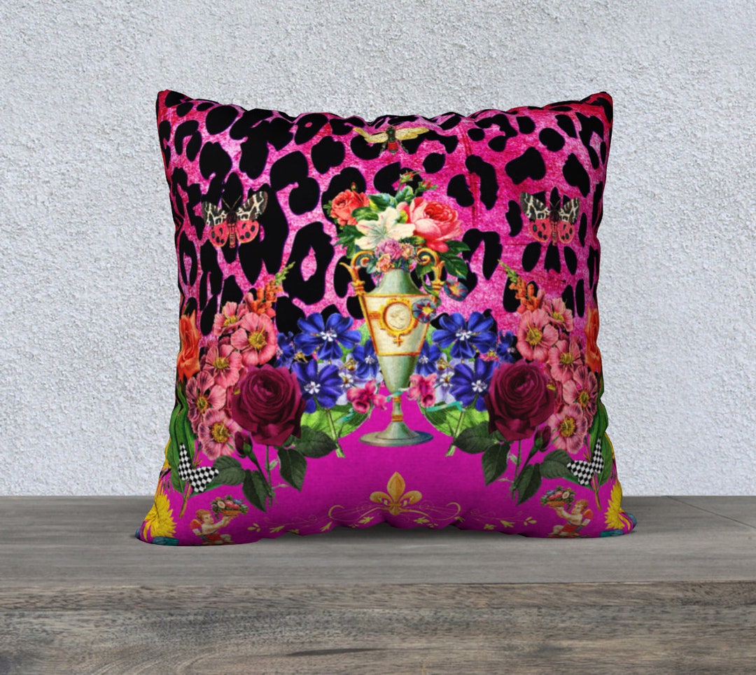 Vintage Flowers Pink Leopard Print Pillow Cover, Velveteen Pink Pillow