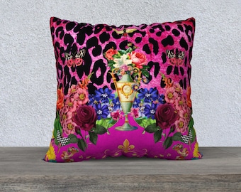 Vintage Flowers Pink Leopard Print Pillow Cover, Velveteen Pink Pillow, Leopard Throw Pillow Cover, Large Sofa Cushion, French Country Decor