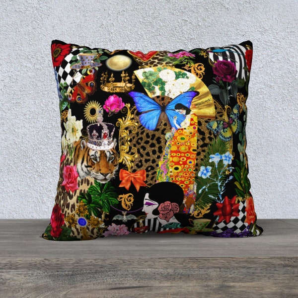 Funky Art Collage Pillow Cover, Vintage Style Gustav Klimt Cushion, Leopard Print and Harlequin, Designers Throw Pillow, Large Sofa Cushion,